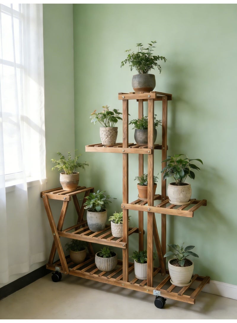 6-Tier Wooden Plant Stand with Wheels, Mobile Flower Shelf for Indoor & Outdoor, Solid Spruce Wood Balcony Garden Rack, 30kg Capacity for Pots, Books, Decor - Image 1
